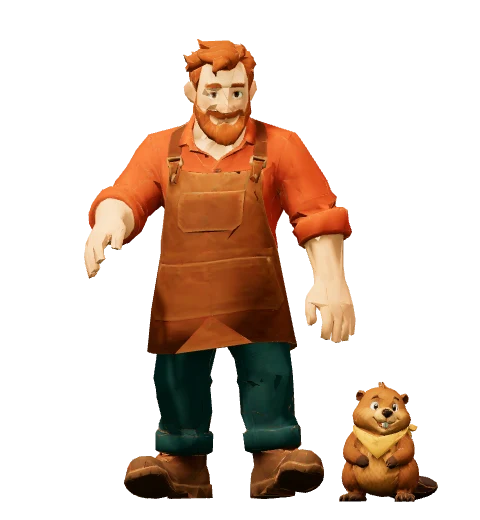 Rowan in his carpenter's apron, with Chip the beaver.