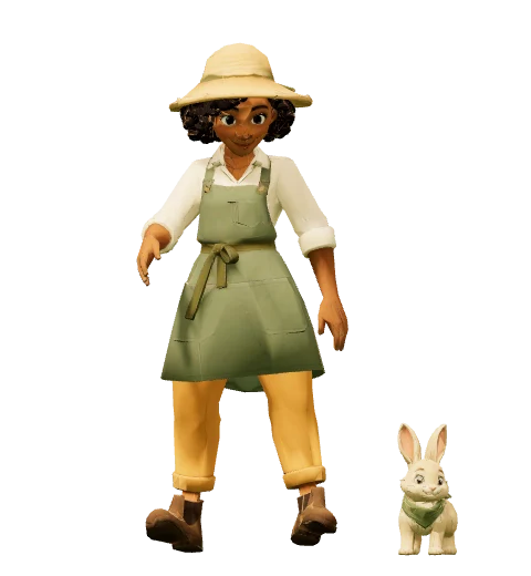 Fern in her straw hat and gardening apron, with Clover the rabbit.