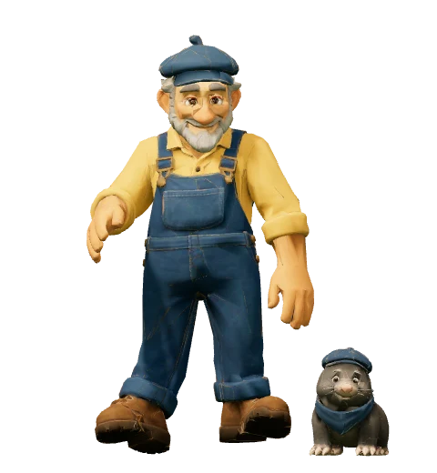 Flint in blue overalls and a mining cap, with Pebble the mole.